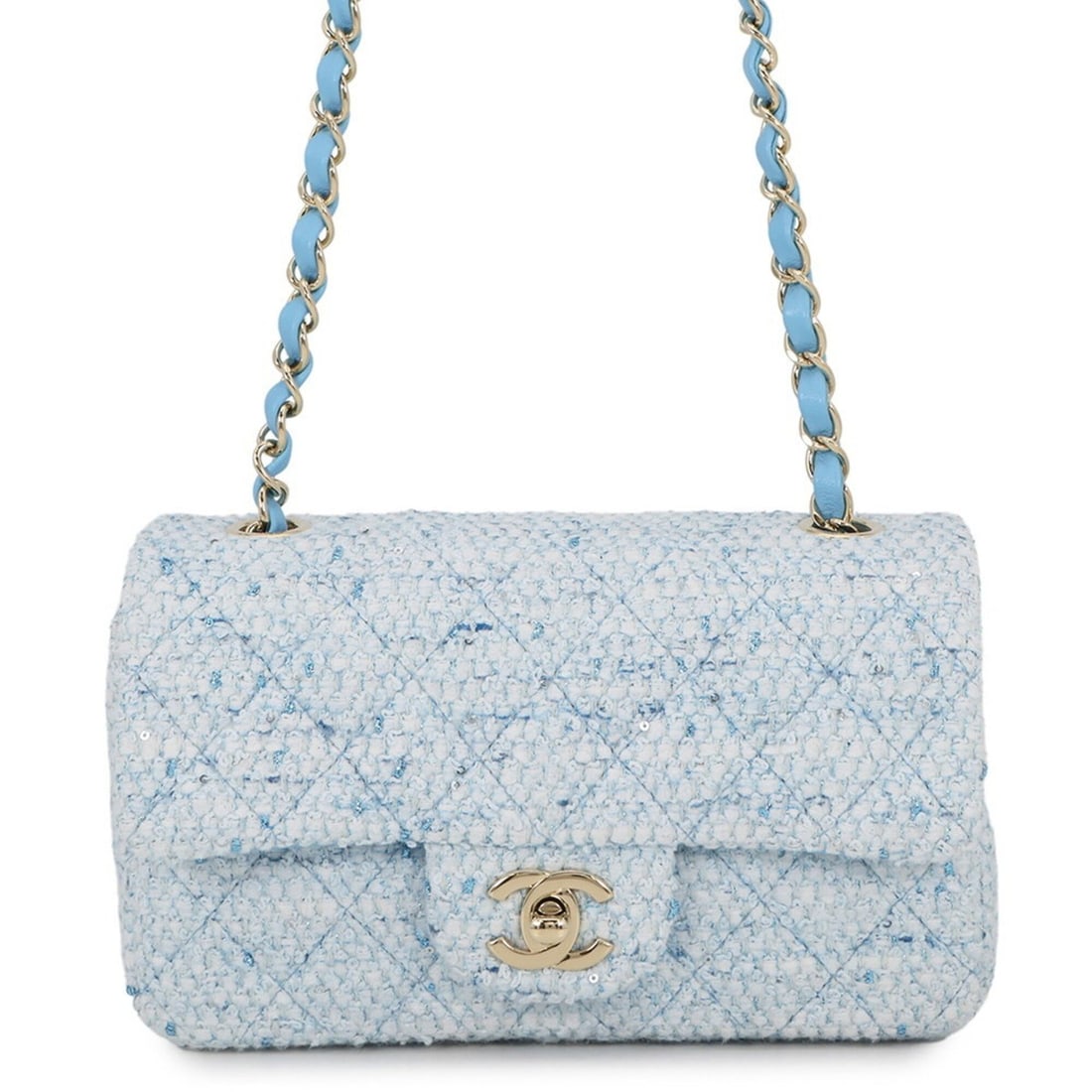 Chanel Chain Shoulder Bag, Coco Mark, Sequins, Tweed, A69900, CHANEL Mini Flap Handbag, Women's: --- Catalog ---Category: SizeWeight: 450g / 15.87oz.Size (HxWxD): 13cm x 20cm x 6cm / 5.11'' x 7.87'' x 2.36''Strap Length: 118cm / 46.45''Category: DesignType: Handbag, Shoulder bagColor: Blue, White