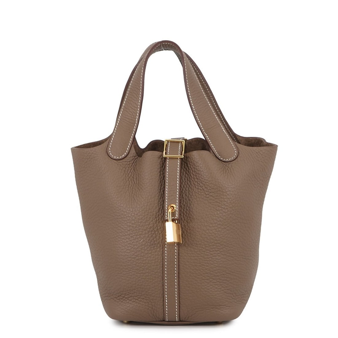 Hermes Picotin Lock PM Handbag, Etoupe, Taurillon Clemence Leather, U Stamp. Lock, Picotin, Women's: --- Catalog ---Category: SizeWeight: 480g / 1.05lb.Size (HxWxD): 18.5cm x 18cm x 13cm / 7.28'' x 7.08'' x 5.11''Category: DesignType: HandbagColor: Etoupe grayGender: WomenMaterial: Taurillon clemence