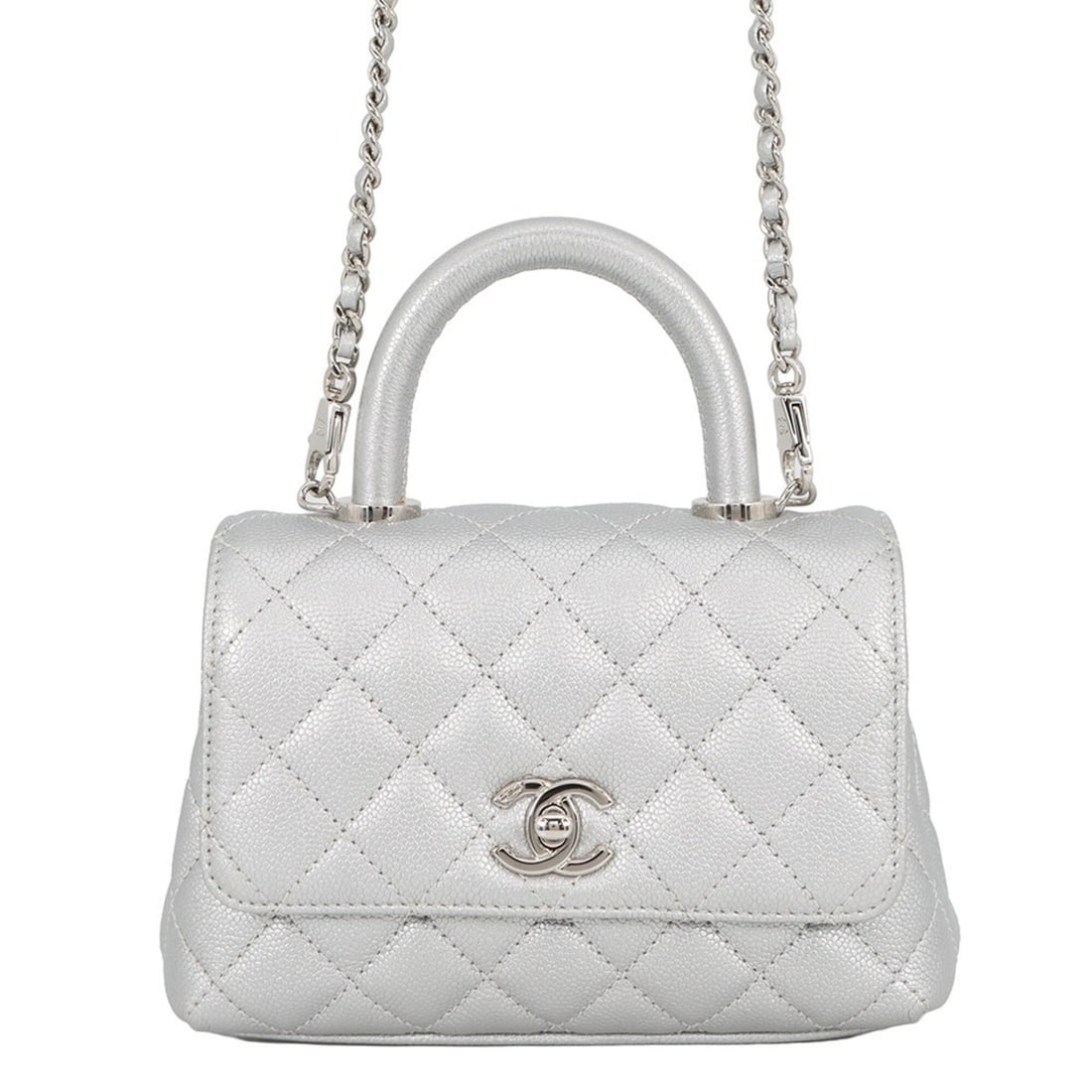 Chanel handbag, Coco Mark, Matelassé, Handle, XXS, Caviar Skin, AS2215, CHANEL 2-way women's: --- Catalog ---Category: SizeWeight: 510g / 1.12lb.Size (HxWxD): 13cm x 18.5cm x 8.5cm / 5.11'' x 7.28'' x 3.34''Strap Length: 120cm / 47.24''Category: DesignType: HandbagColor: SilverGender: WomenClo