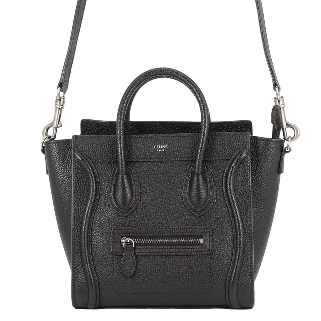 Celine handbag, Luggage Nano Shopper, leather, 189243, CELINE 2-way, black. handbag.: --- Catalog ---Category: SizeWeight: 610g / 1.34lb.Size (HxWxD): 21cm x 20cm x 10cm / 8.26'' x 7.87'' x 3.93''Strap Length: 122.5cm / 48.22''Category: DesignType: HandbagColor: BlackGender: WomenClosu