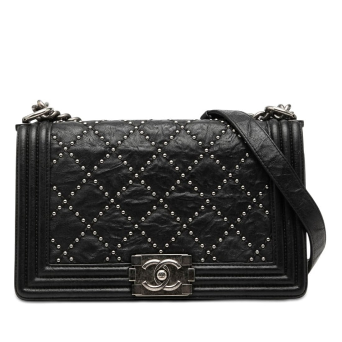 Chanel Coco Mark Studded Boy Chain Shoulder Bag, Black Calfskin, Women's CHANEL: --- Catalog ---Category: SizeSize (HxWxD): 16cm x 25cm x 6.5cm / 6.29'' x 9.84'' x 2.55''Category: DesignType: Shoulder bagColor: BlackGender: WomenMaterial: Leather Leather/Fur Type: CalfskinCategory