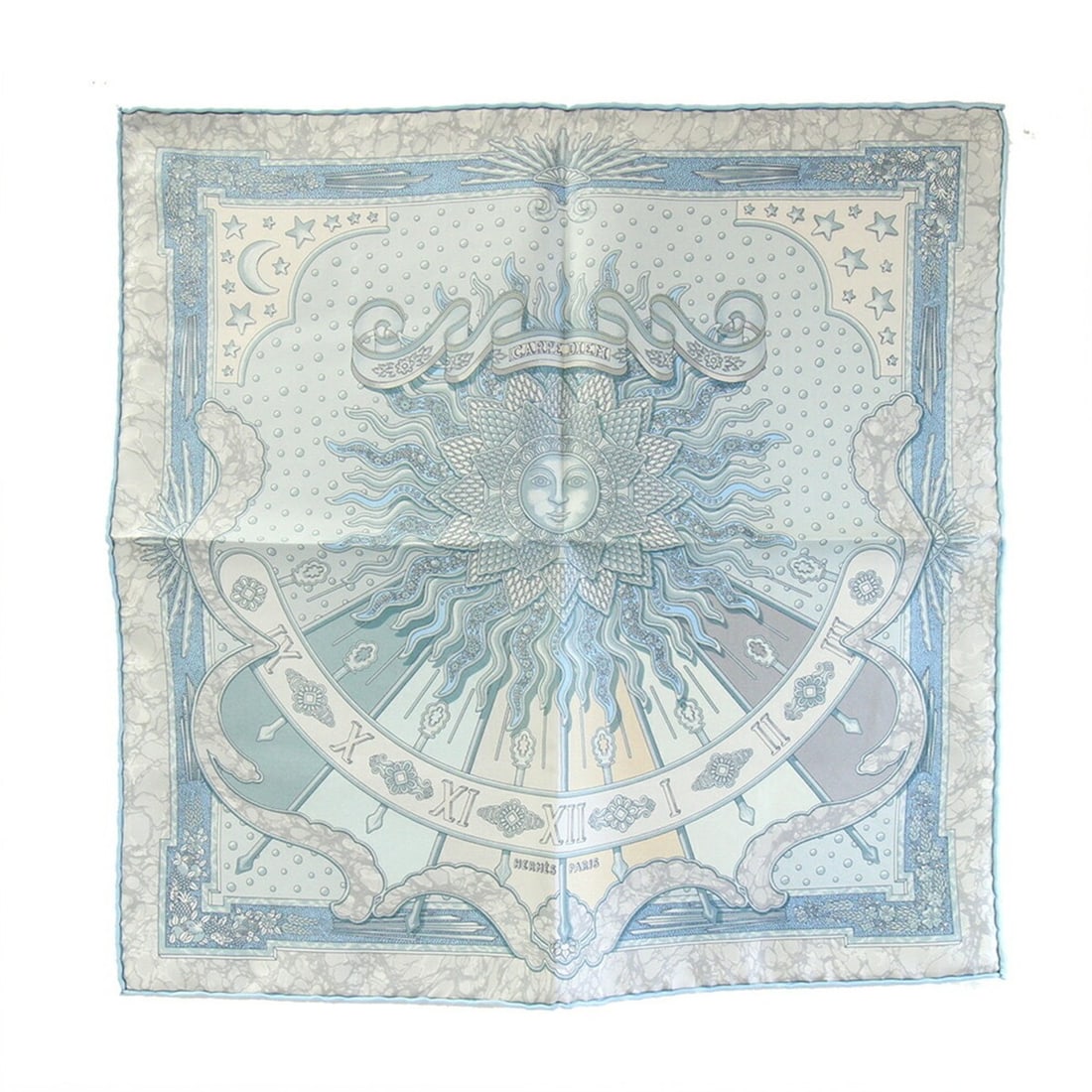 Hermes scarf/muffler, Carre 42, CARPE DIEM, "Enjoy Today," light blue, 100% silk, Petit Carre,: --- Catalog ---Category: SizeSize (LxW): 40cm x 41cm / 15.74'' x 16.14''Category: DesignType: ScarfColor: Light blueGender: WomenMaterial: Silk Category: GeneralBrand: HermesCountry of Origin: France-