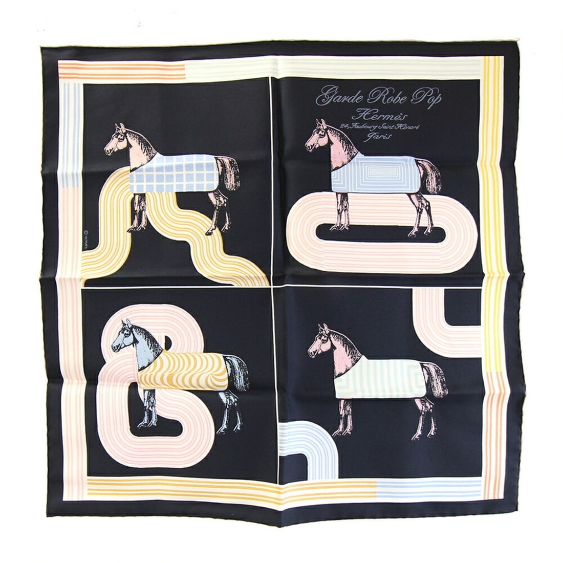 Hermes scarf/muffler, Carre 42 Garde Robe Pop, Petit Carre, horse pattern, women's.: --- Catalog ---Category: SizeSize (LxW): 42cm x 42cm / 16.53'' x 16.53''Category: DesignType: ScarfColor: BlackGender: WomenMaterial: Silk Category: GeneralBrand: HermesCountry of Origin: France--- It