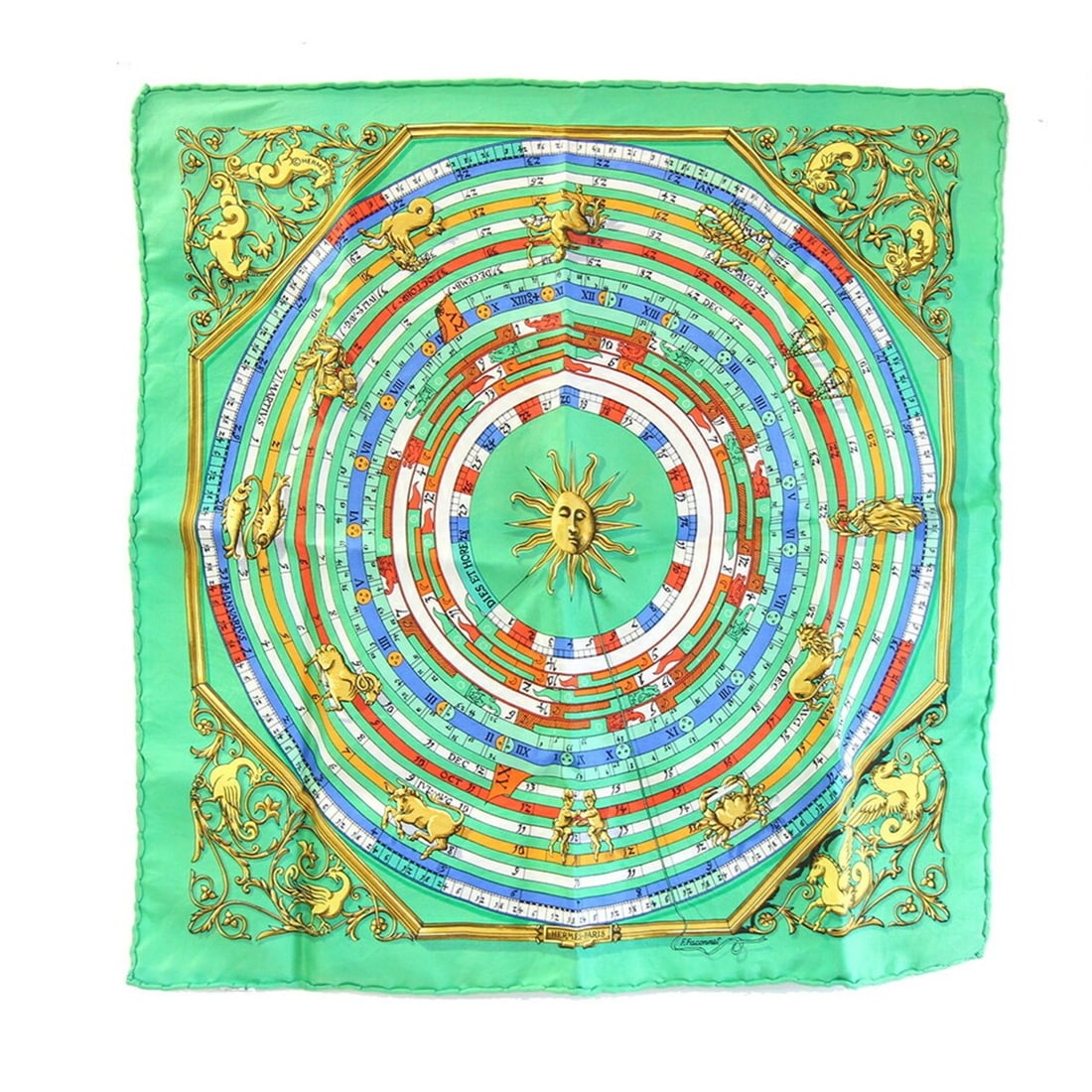 Hermes Scarf Muffler Carre 42 DIES ET HORE Astrology Green 100% Silk Petit Stole Women's HERMES: --- Catalog ---Category: SizeSize (LxW): 41cm x 42cm / 16.14'' x 16.53''Category: DesignType: ScarfColor: GreenGender: WomenMaterial: Silk Category: GeneralBrand: HermesCountry of Origin: France--- It
