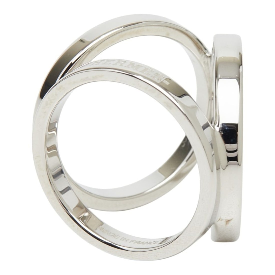 Hermes Trio Scarf Ring, Silver Metal, Women's: --- Catalog ---Category: DesignType: Scarf ringColor: SilverGender: WomenMaterial: Metal Category: GeneralBrand: HermesCategory: Physical PropertiesSize (HxWxD): 2.02cm x 2.34cm / 0.79'' x 0.92''--- I