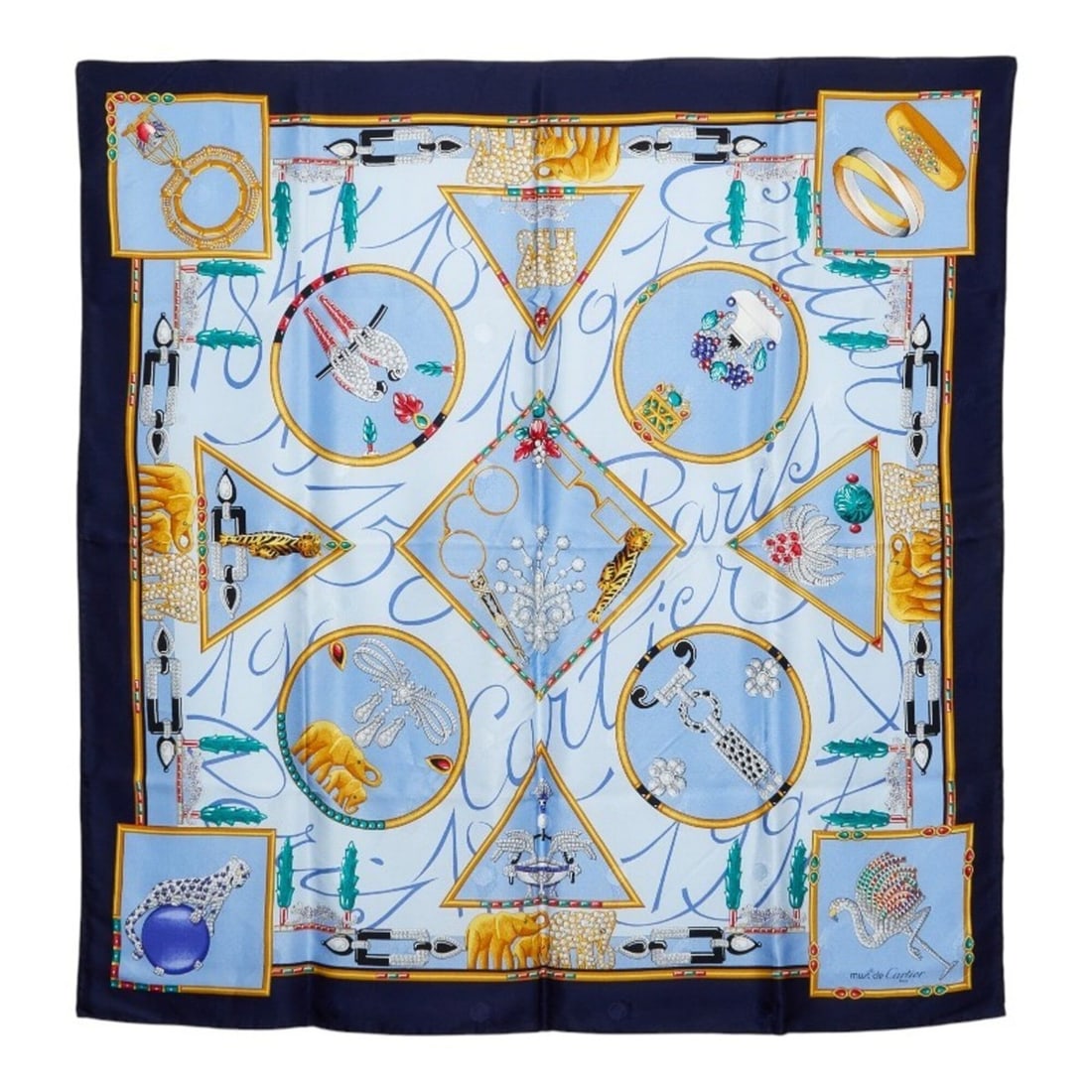 Cartier jewelry, gemstones, animal motif scarf/muffler, blue multicolor silk, women's.: --- Catalog ---Category: SizeSize (LxW): 85.5cm x 85cm / 33.66'' x 33.46''Category: DesignType: ScarfColor: Blue, Multi-colorGender: WomenMaterial: Silk Category: GeneralBrand: Cartier--- Item List --