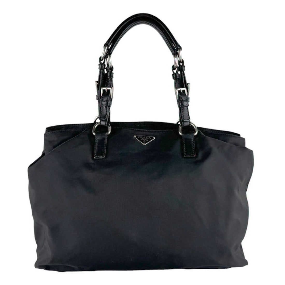 Prada handbag, nylon and leather, black silver, women's, z9559: --- Catalog ---Category: SizeSize (HxWxD): 26cm x 35cm x 8cm / 10.23'' x 13.77'' x 3.14''Category: DesignType: HandbagColor: BlackGender: WomenMaterial: Nylon , Leather Category: GeneralBrand: PradaCo