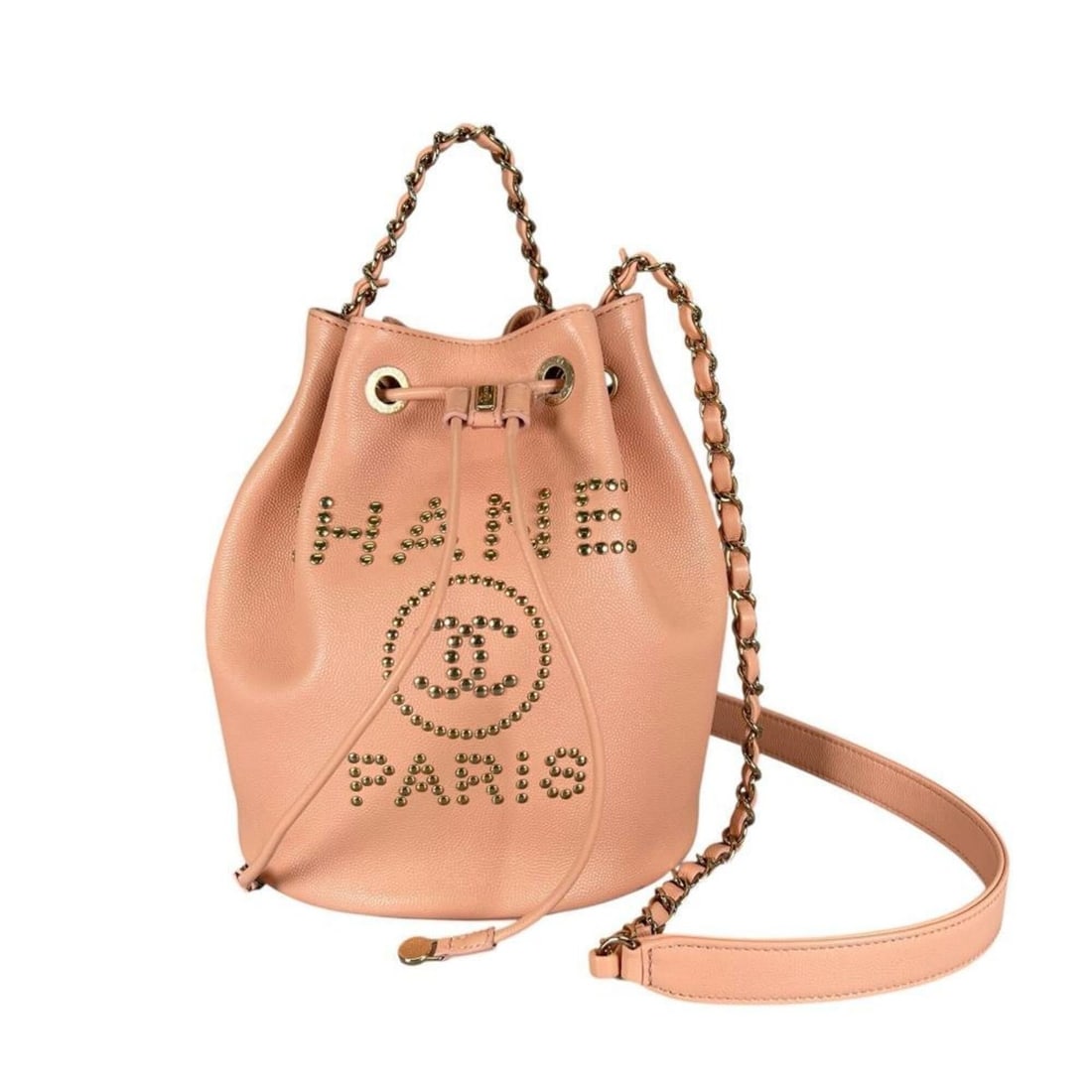 Chanel Deauville Shoulder Bag for Women, Studded Logo, Gold Hardware, Crossbody, Pink with Hardware: --- Catalog ---Category: SizeSize (HxWxD): 23cm x 23cm x 11cm / 9.05'' x 9.05'' x 4.33''Category: DesignType: Shoulder bagColor: PinkGender: WomenMaterial: Grained Calfskin Category: GeneralBrand: Cha