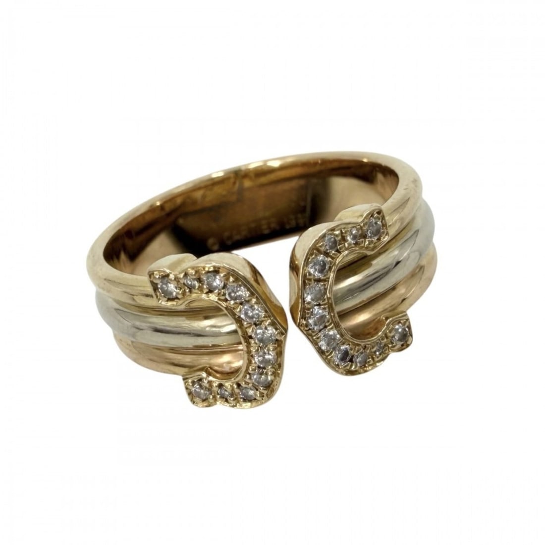 Cartier Men's Double C (2C) Three-Color Ring, 18K Yellow Gold, White Pink Au750, Size 50, Cartier,: --- Catalog ---Category: SizeUS Size: 5.5Brand Size: 50Category: DesignGender: MenMaterial: Pink gold (18K), White gold (18K), Yellow gold (18K)Category: GeneralBrand: Cartier--- Item List ---Section: