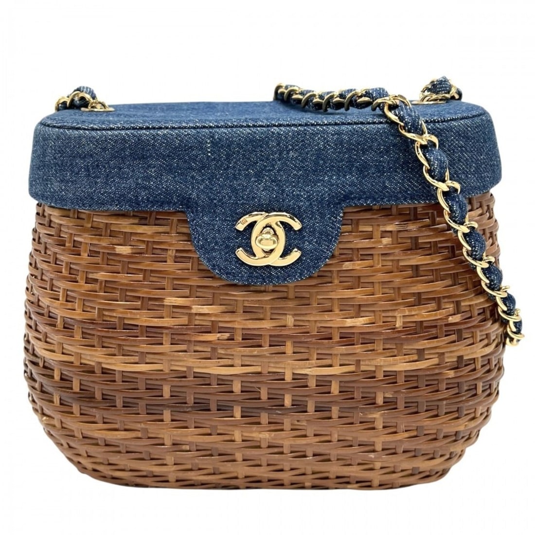 Chanel Women's Straw Bag, Chain Shoulder Crossbody Coco Mark, Turnlock, CHANEL, Straw, Denim, Brown, (1 of 16)