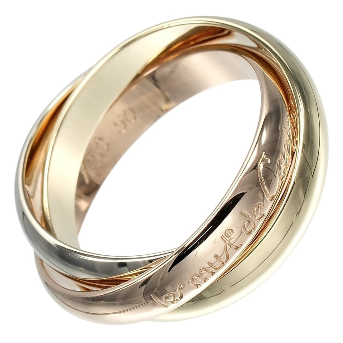 Cartier Trinity Ring, Size 9.5, 3.4mm Band, 18K Gold (YG, PG, WG), Approx. 7.24g: --- Catalog ---Category: SizeUS Size: 5.5Brand Size: 50Category: DesignType: Band ringGender: WomenMaterial: Pink gold (18K), White gold (18K), Yellow gold (18K)Category: GeneralBrand: Cartier--- Item