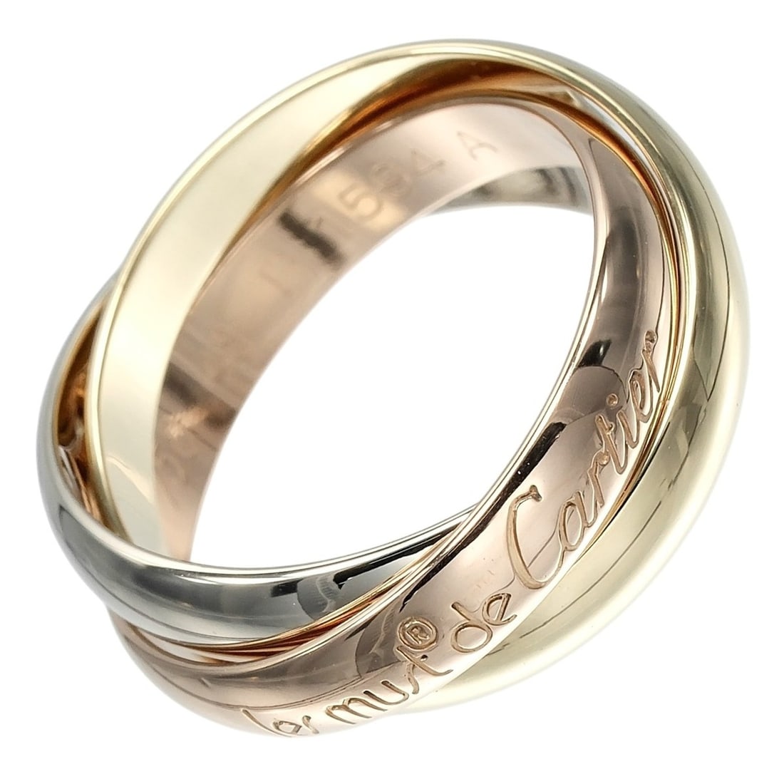 Cartier Trinity Ring, Size 7.5, 3.4mm Band, 18K Gold (YG, PG, WG), Approx. 6.57g: --- Catalog ---Category: SizeUS Size: 4.5Brand Size: 48Category: DesignType: Band ringGender: WomenMaterial: Pink gold (18K), White gold (18K), Yellow gold (18K)Category: GeneralBrand: Cartier--- Item