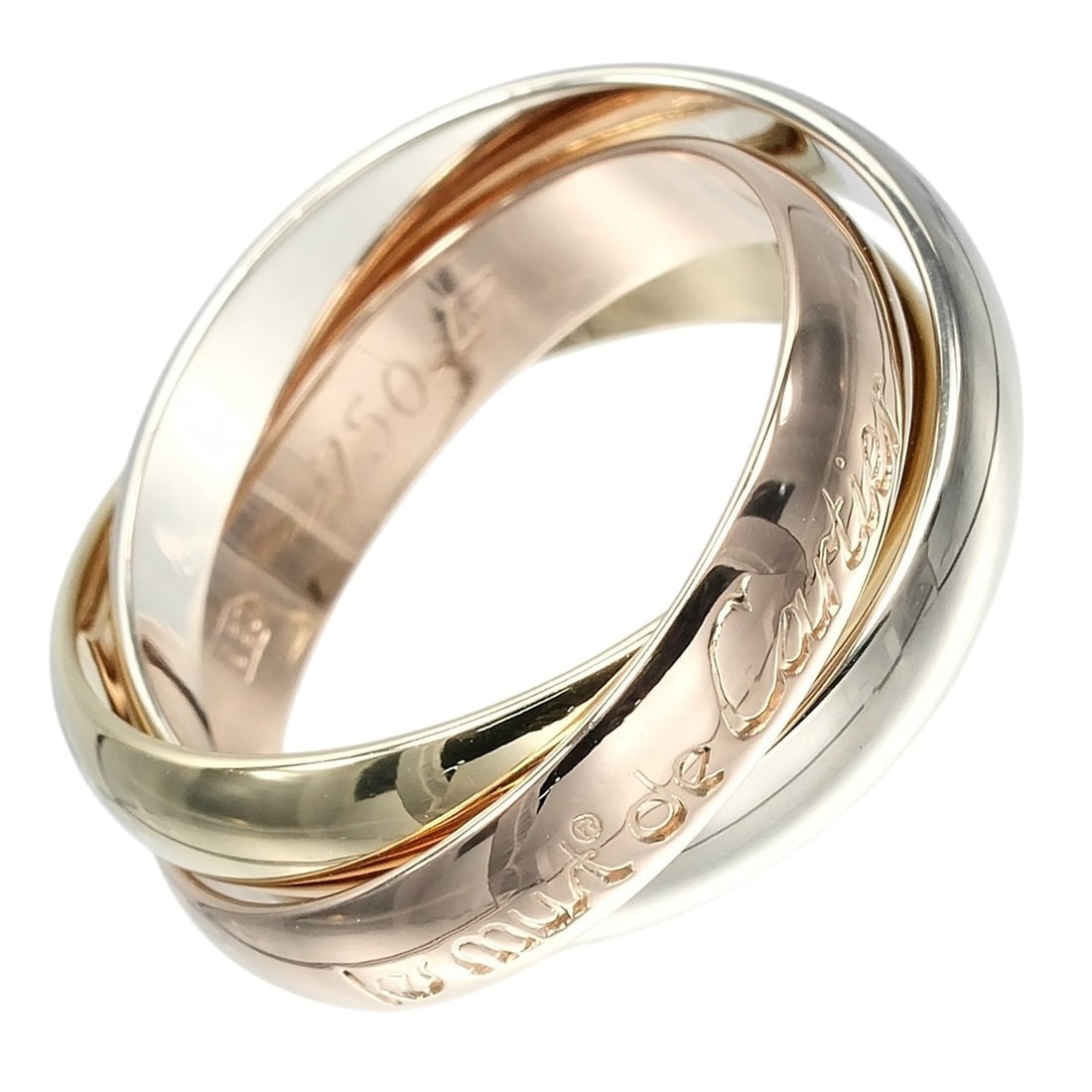 Cartier Trinity Ring, Size 7, 3.4mm Band, 18K Gold (YG, PG, WG), Approx. 6.1g: --- Catalog ---Category: SizeUS Size: 4Brand Size: 47Category: DesignType: Band ringGender: WomenMaterial: Pink gold (18K), White gold (18K), Yellow gold (18K)Category: GeneralBrand: Cartier--- Item L
