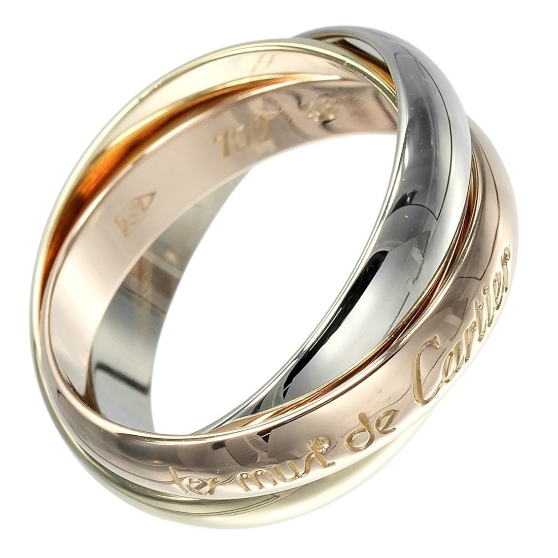 Cartier Trinity Ring, Size 8, 3.4mm Band, 18K Gold (YG, PG, WG), Approx. 6.59g: --- Catalog ---Category: SizeUS Size: 4.5Brand Size: 48Category: DesignType: Band ringGender: WomenMaterial: Pink gold (18K), White gold (18K), Yellow gold (18K)Category: GeneralBrand: Cartier--- Item