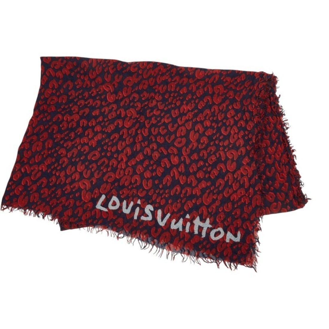 Louis Vuitton Etol Leopard Shawl, Large Size, 401910, Red/Navy, Silk/Cashmere, Women's, LOUIS: --- Catalog ---Category: SizeSize (LxW): 1.9m x 1.3m / 74.8'' x 51.18''Category: DesignType: ShawlColor: Navy, Red colorGender: WomenMaterial: Silk , Cashmere Category: GeneralMPN: 401910Brand: Louis 