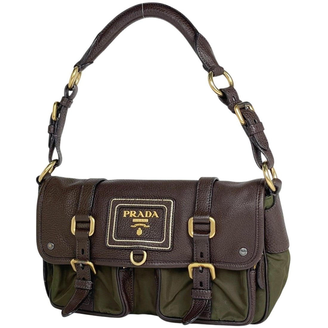 Prada PRADA Logo Shoulder Bag, Khaki Nylon, Green Beige, Women's: --- Catalog ---Category: SizeSize (HxWxD): 15cm x 26cm x 9.5cm / 5.9'' x 10.23'' x 3.74''Category: DesignType: Shoulder bagColor: Beige, GreenGender: WomenMaterial: Nylon , Leather Category: GeneralBr