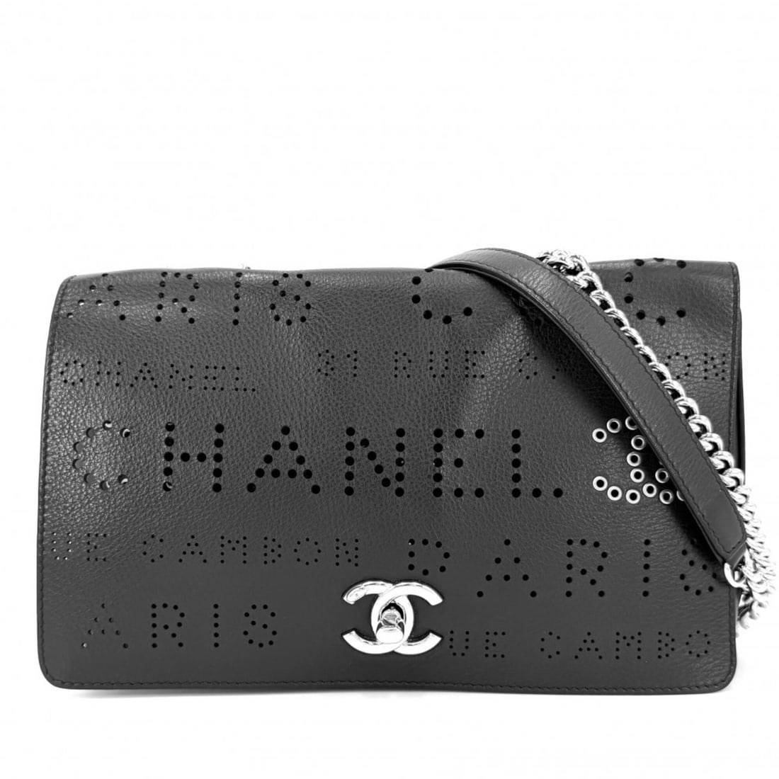Chanel Shoulder Bag for Women, Perforated Logo, Bag, Crossbody Chain Strap, Coco Mark, Leather,: --- Catalog ---Category: SizeSize (HxWxD): 15cm x 22.5cm x 8cm / 5.9'' x 8.85'' x 3.14''Category: DesignType: Shoulder bagColor: BlackGender: WomenMaterial: Leather Category: GeneralBrand: Chanel--- I