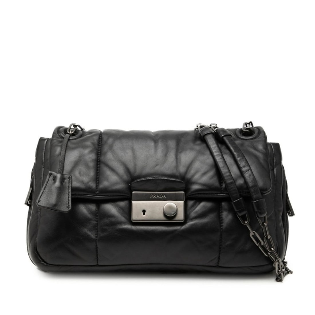 Prada Nappa Bomber Chain Shoulder Bag, Black Leather, Women's PRADA: --- Catalog ---Category: SizeSize (HxWxD): 17cm x 28cm x 9cm / 6.69'' x 11.02'' x 3.54''Category: DesignType: Shoulder bagColor: BlackGender: WomenMaterial: Leather Category: GeneralBrand: Prada--- It