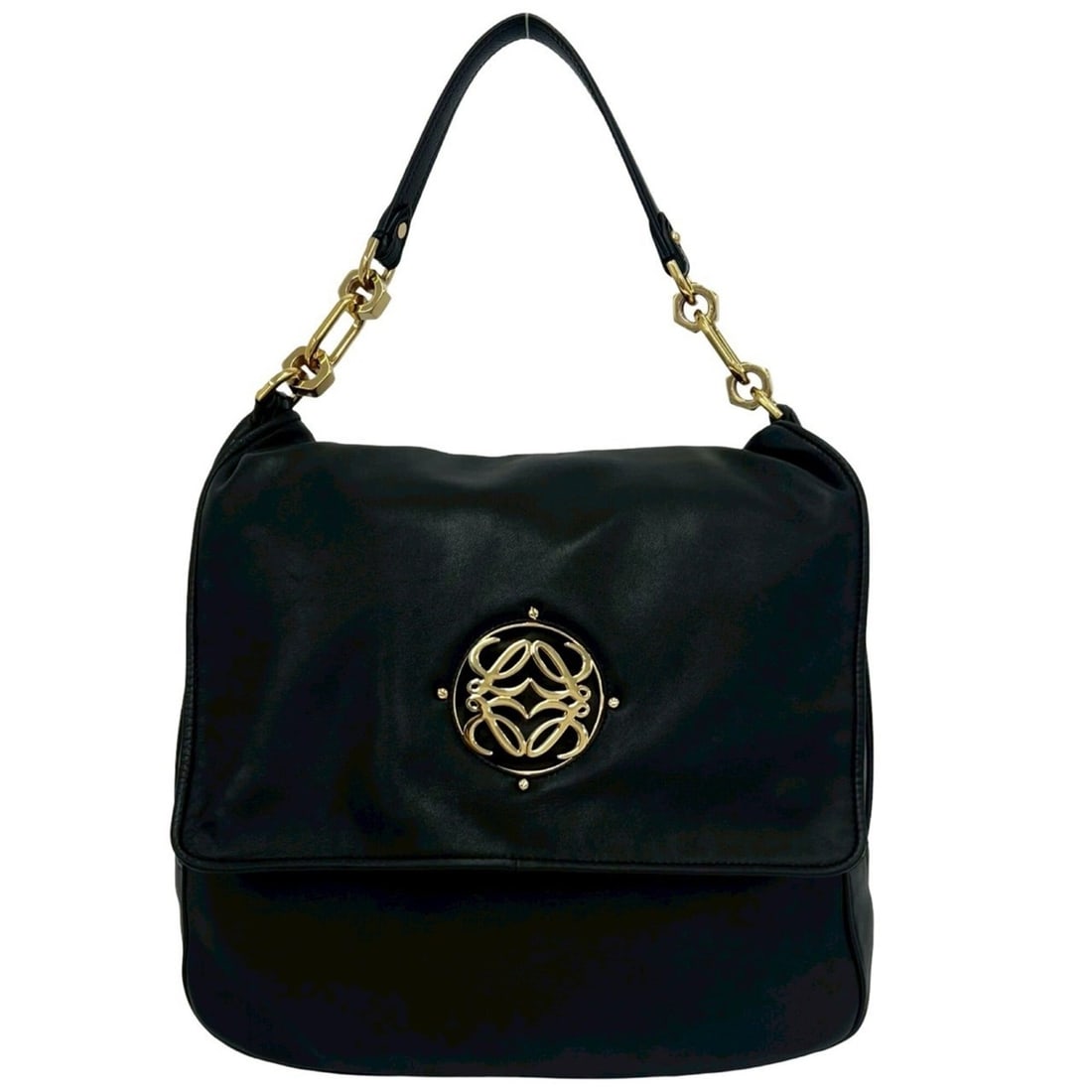 LOEWE Maia Anagram Logo Hardware Nappa Leather Semi-One Shoulder Bag Handbag Black 28019: --- Catalog ---Category: SizeSize (HxWxD): 34cm x 32.5cm x 10.5cm / 13.38'' x 12.79'' x 4.13''Category: DesignType: Handbag, Shoulder bagColor: BlackGender: WomenMaterial: Leather Category: GeneralBra