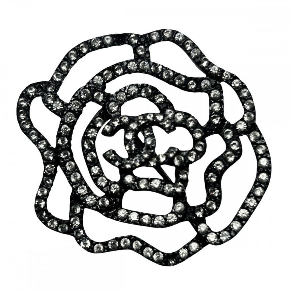 Chanel Brooch for Women, Rose Coco Mark, Vintage, Rhinestone, Gunmetal, Approx. 13.5g, 2000: --- Catalog ---Category: SizeWeight: 13.5g / 0.47oz.Size (HxWxD): 4.5cm x 4.5cm x 1cm / 1.77'' x 1.77'' x 0.39''Category: DesignType: BroochColor: GunmetalStone: RhinestoneGender: WomenSeason: Vintage
