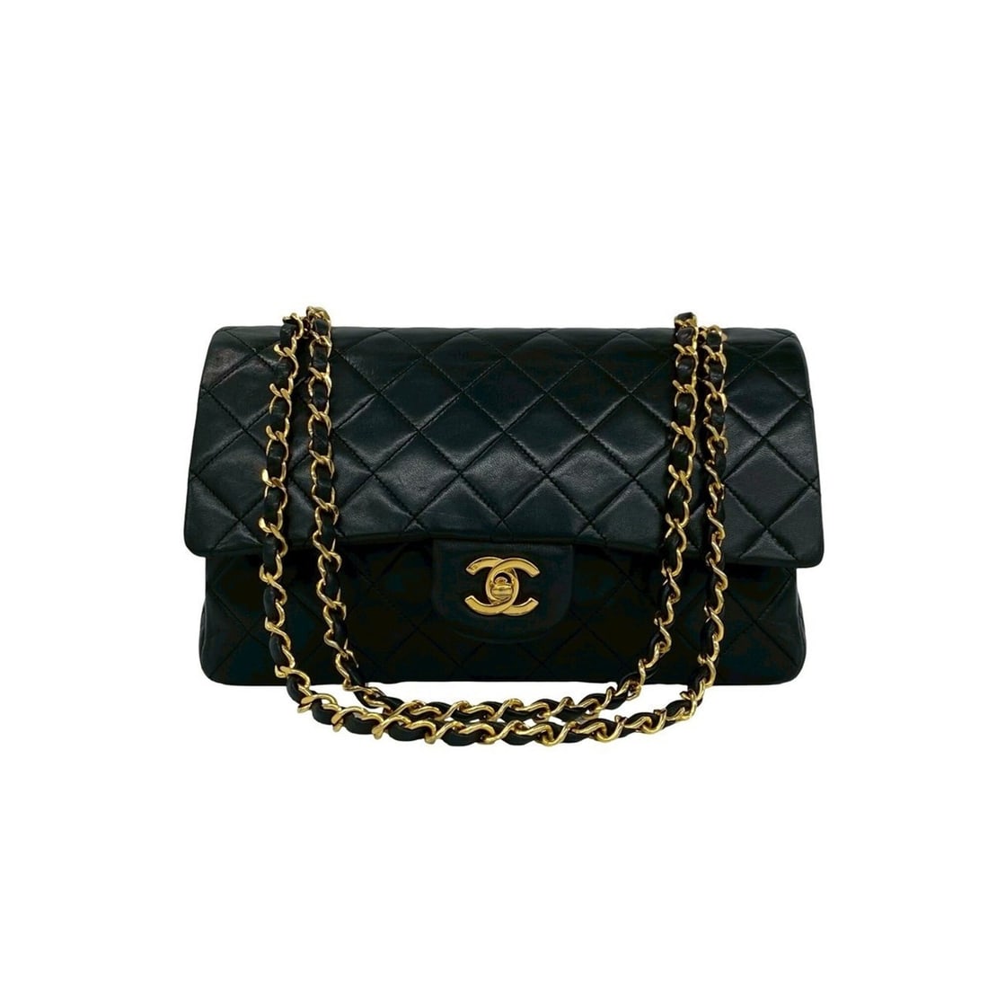 CHANEL Matelassé Coco Mark Gold Hardware Double Flap Lambskin Shoulder Bag Black 34825: --- Catalog ---Category: SizeSize (HxWxD): 17cm x 26cm x 7cm / 6.69'' x 10.23'' x 2.75''Category: DesignType: Shoulder bagColor: BlackGender: WomenMaterial: Leather Leather/Fur Type: LambskinCategory:
