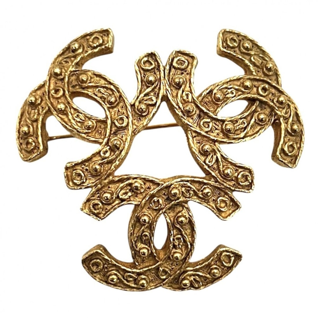 Chanel Brooch for Women, Coco Mark Triple Coco, Accessory, CHANEL GP 04A Gold, Approx. 16.9g, 2004: --- Catalog ---Category: SizeWeight: 16.9g / 0.59oz.Size (HxWxD): 4.5cm x 4.7cm x 4.00mm / 1.77'' x 1.85'' x 0.15''Category: DesignType: BroochColor: GoldFinish: Gold platedGender: WomenCategory: Gene
