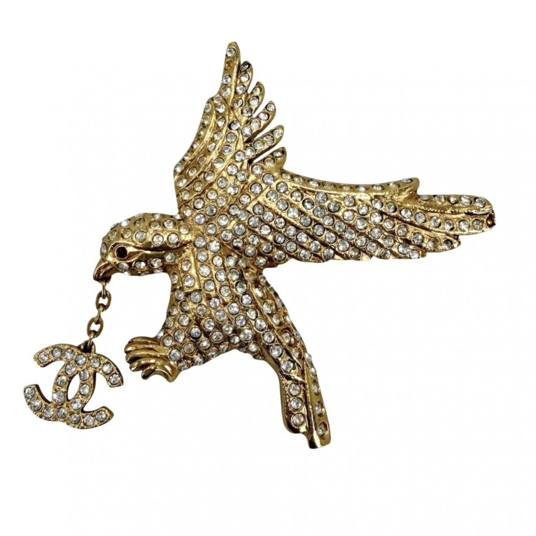 Chanel Brooch for Women, Coco Mark Eagle Vintage Accessory, Bird Motif, CHANEL GP Rhinestone, 01P: --- Catalog ---Category: SizeWeight: 11g / 0.38oz.Size (HxWxD): 4.5cm x 4.5cm x 3.00mm / 1.77'' x 1.77'' x 0.11''Category: DesignType: BroochColor: GoldStone: RhinestoneFinish: Gold platedGender: Wome