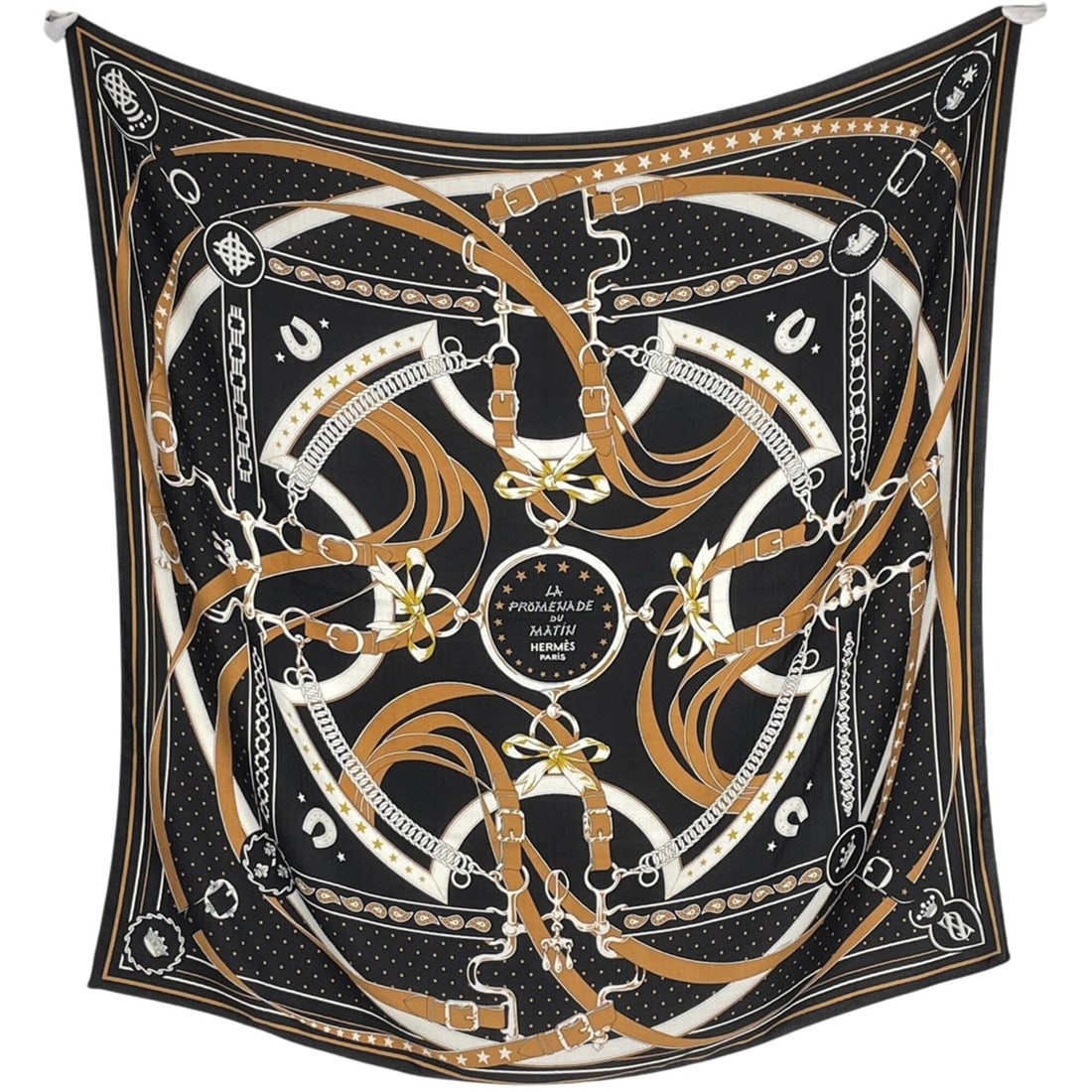 Hermes Carre 140 La Promenade du Matin Bandana (Morning Walk) Scarf/Muffler - Cashmere/Silk: --- Catalog ---Category: SizeSize (LxW): 1.36m x 1.38m / 53.54'' x 54.33''Category: DesignType: BandanaColor: Black, BrownGender: WomenMaterial: Cashmere Category: GeneralBrand: Hermes--- Item List --