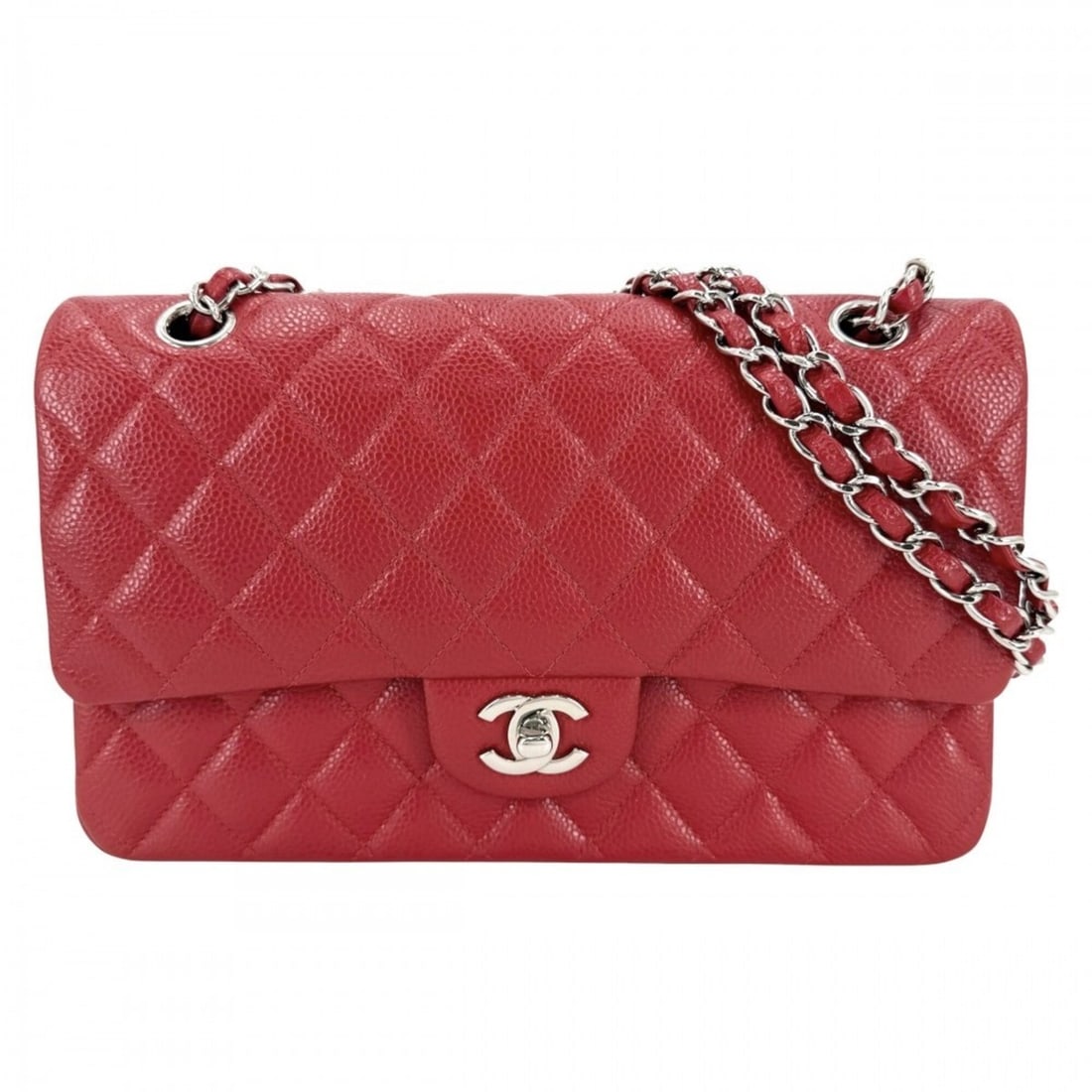 Chanel Matelassé 25 Shoulder Bag for Women, Double Flap, Chain, Bag, Crossbody Coco Mark, Caviar: --- Catalog ---Category: SizeSize (HxWxD): 15cm x 25cm x 6.5cm / 5.9'' x 9.84'' x 2.55''Category: DesignType: Shoulder bagColor: Red colorGender: WomenMaterial: Grained Calfskin Category: GeneralBrand