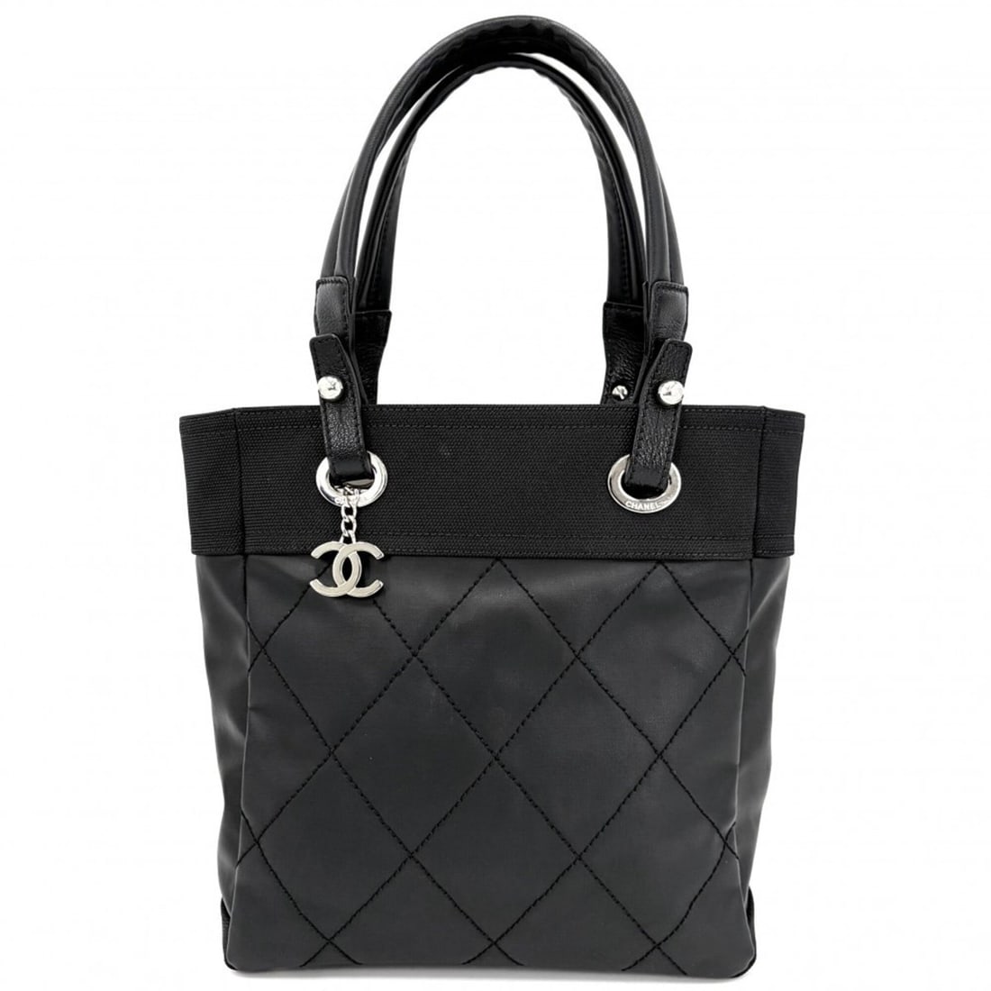 Chanel Paris Biarritz Tote PM Handbag for Women, Coco Mark, Coated Canvas Leather, Black, Silver: --- Catalog ---Category: SizeSize (HxWxD): 27cm x 26cm x 11cm / 10.62'' x 10.23'' x 4.33''Handle Length: 43cm / 16.92''Category: DesignType: Handbag, Tote bagColor: BlackGender: WomenMaterial: Coated 