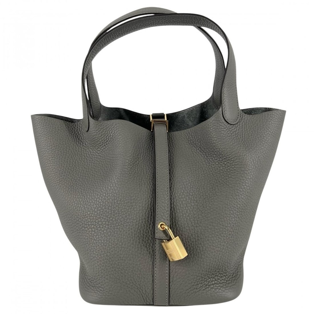 Hermes Picotin Lock MM Women's Handbag, Grey, HERMES U Stamp, Taurillon Leather, Etoupe Gold: --- Catalog ---Category: SizeSize (HxWxD): 22cm x 17cm x 17cm / 8.66'' x 6.69'' x 6.69''Handle Length: 31cm / 12.2''Category: DesignType: HandbagColor: EtainGender: WomenCategory: GeneralBrand: Hermes