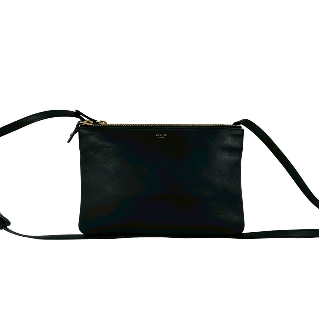CELINE Trio Logo Leather Mini Shoulder Bag, Pouch, Sacoche, Crossbody Black 65155: --- Catalog ---Category: SizeSize (HxWxD): 15cm x 22cm / 5.9'' x 8.66''Category: DesignType: Pochette, Shoulder bagColor: BlackGender: WomenMaterial: Leather Category: GeneralBrand: Celine--- Item Lis