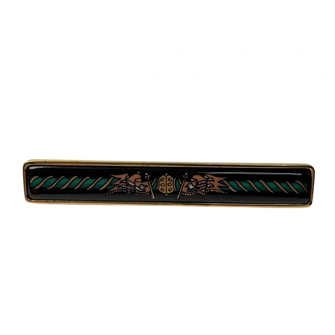 Hermes enamel tie clip, vintage, men's.: --- Catalog ---Category: SizeSize (HxWxD): 9.00mm x 60.00mm / 0.35'' x 2.36''Category: DesignType: Tie pinColor: Multi-colorGender: MenMaterial: Enamel, Gold platingCategory: GeneralBrand: Hermes--- I