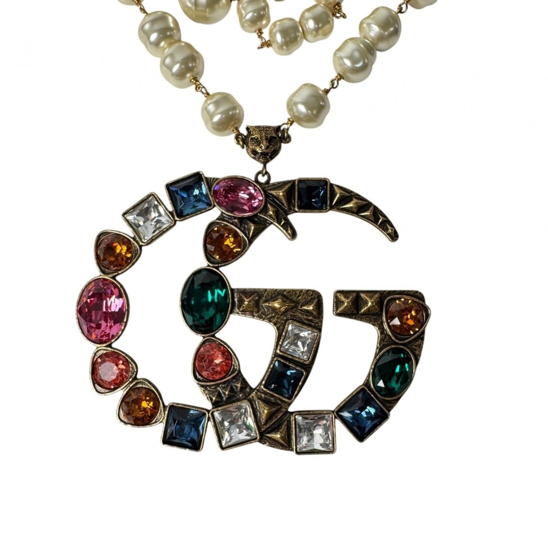 Gucci GG Logo Necklace, Faux Pearl, Colored Stone, Women's: --- Catalog ---Category: SizePendant Size: 75mm x 100mm / 2.95'' x 3.93''Neck Circumference: 46 cm / 18.11''Category: DesignColor: Multi-colorGender: WomenMaterial: MetalNecklace Type: NecklaceCategor