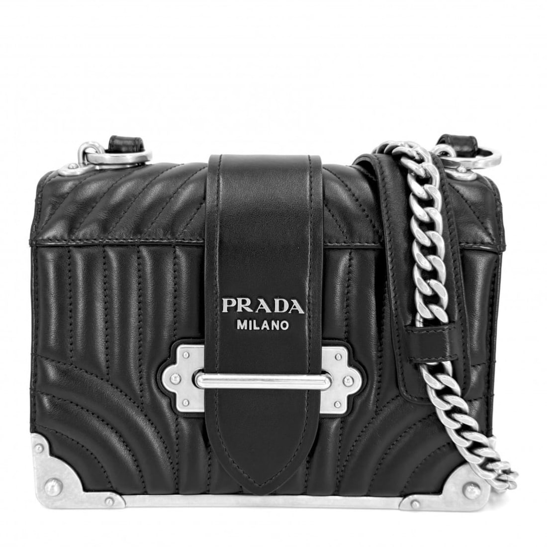 Prada Cahier Diagram Shoulder Bag for Women, Black Nylon with Silver Hardware: --- Catalog ---Category: SizeSize (HxWxD): 14cm x 20cm x 10cm / 5.51'' x 7.87'' x 3.93''Category: DesignType: Shoulder bagColor: BlackGender: WomenMaterial: Nylon Category: GeneralBrand: Prada--- Item