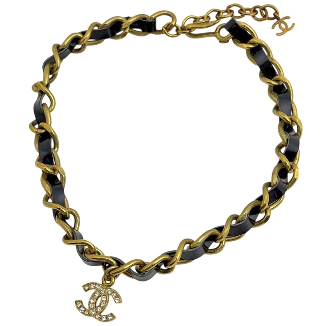Chanel Coco Mark Chain Necklace, GP Leather, Rhinestone, Gold, Black, Women's (1 of 9)