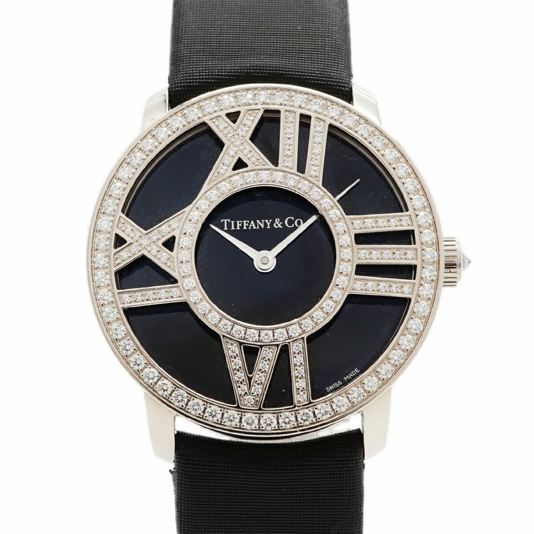 Tiffany & Co. Atlas Cocktail Round White Gold Diamond Watch Z1901.10.40E10A40B Black Dial Women's: --- Catalog ---Category: SizeWrist Size: 16.5cm / 6.49''Case Diameter: 30.4mm / 1.2''Category: DesignType: WristwatchGender: WomenColor (Dial): BlackMaterial (Band): Leather, NylonCategory: GeneralMPN