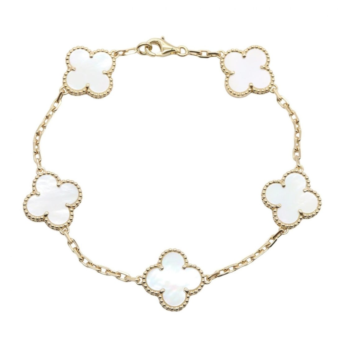 Van Cleef & Arpels Vintage Alhambra 5P Mother-of-Pearl Bracelet, 18K (Yellow Gold), Mother-of-Pearl,: --- Catalog ---Category: SizeLength: 18.5cm / 7.28''Category: DesignType: Charm braceletColor: Gold, WhiteGender: WomenMaterial: Yellow gold (18K)Category: GeneralBrand: Van Cleef & Arpels--- Item Lis