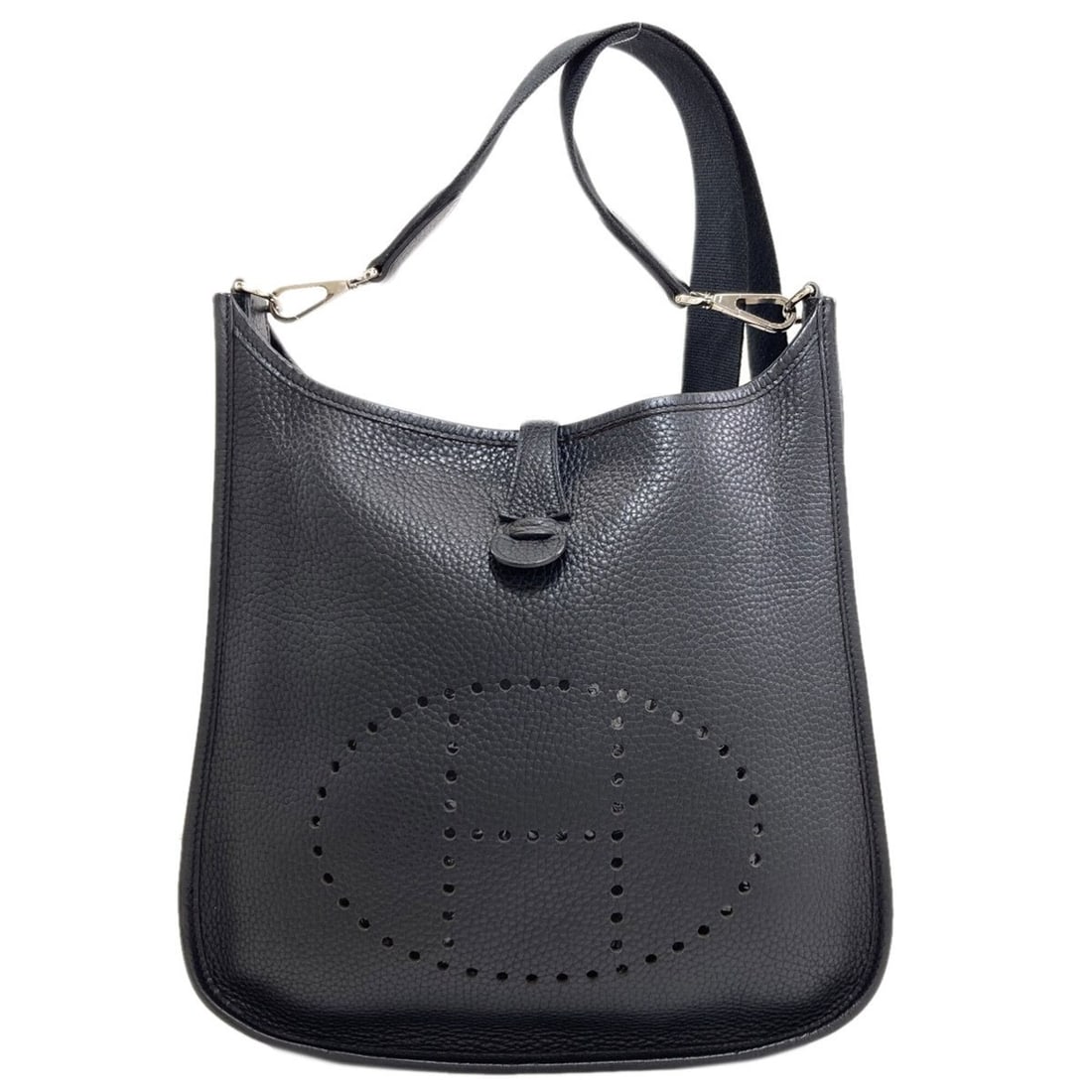 Hermes Evelyne 1 PM Shoulder Bag with Silver Hardware, Taurillon Leather, Women's: --- Catalog ---Category: SizeSize (HxWxD): 28cm x 29cm x 7cm / 11.02'' x 11.41'' x 2.75''Strap Length: 94cm / 37''Category: DesignType: Shoulder bagColor: BlackGender: WomenCategory: GeneralLine: Evel