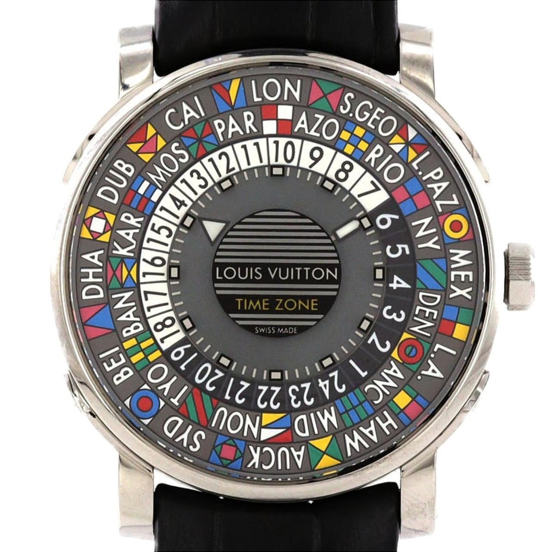 Louis Vuitton Escale Time Zone Q5D20 SS Automatic Watch: --- Catalog ---Category: SizeCase Diameter: 39mm / 1.54''Category: DesignType: WristwatchGender: MenColor (Dial): GrayMaterial (Case): Stainless steelCategory: GeneralMPN: Q5D20Brand: Louis VuittonCat