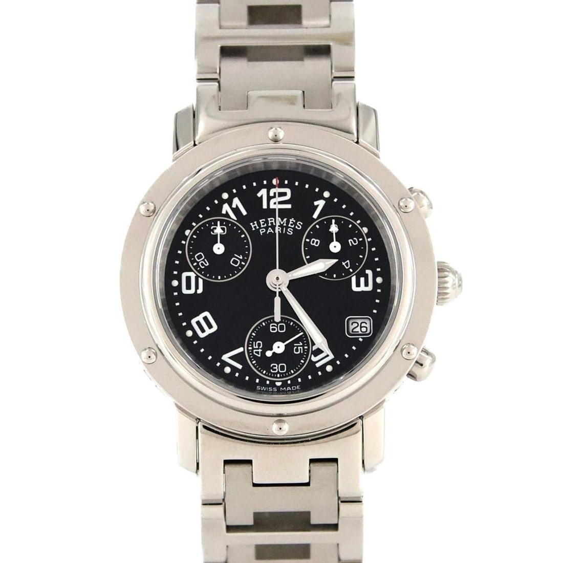 Hermes Clipper Chronograph CL1.310 SS Quartz Watch: --- Catalog ---Category: SizeWrist Size: 16.5cm / 6.49''Case Diameter: 31mm / 1.22''Category: DesignType: WristwatchGender: WomenColor (Dial): BlackMaterial (Band): Stainless steelMaterial (Case): Sta