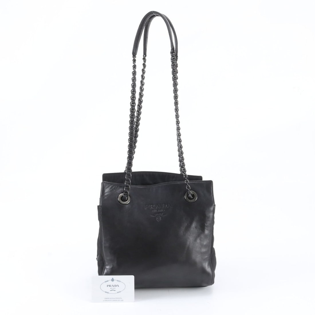 Prada Chain Leather Shoulder Bag/Tote Bag (B4329) with Guarantee Card, Black, Women's: --- Catalog ---Category: SizeSize (HxWxD): 25cm x 24cm x 9cm / 9.84'' x 9.44'' x 3.54''Category: DesignType: Shoulder bag, Tote bagColor: BlackGender: WomenMaterial: Leather Category: GeneralMPN: B432