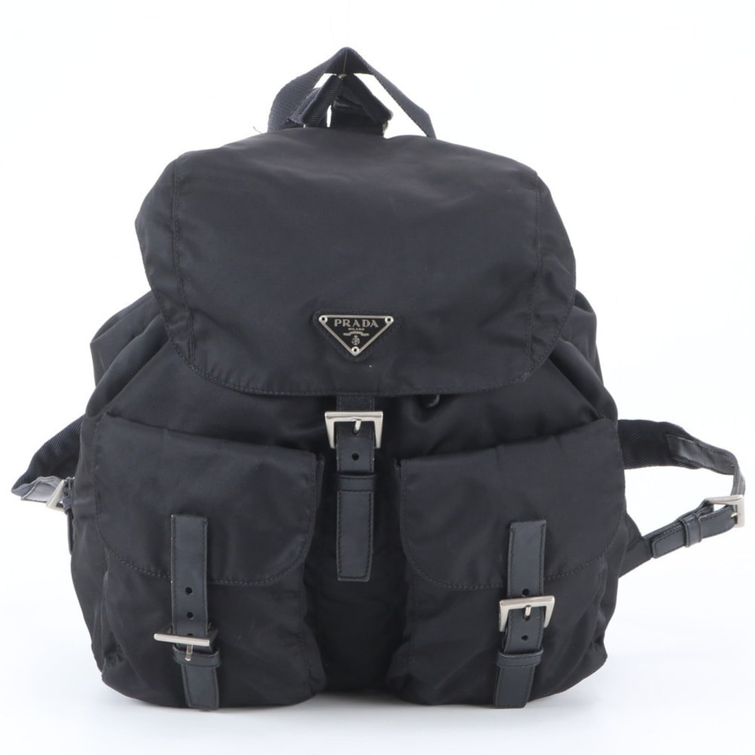Prada Tessuto Nylon Triangle Logo Leather Backpack Handbag Black Women's: --- Catalog ---Category: SizeSize (HxWxD): 34cm x 29cm x 15cm / 13.38'' x 11.41'' x 5.9''Category: DesignType: Backpack, HandbagColor: BlackGender: WomenMaterial: Nylon , Leather Category: GeneralBran