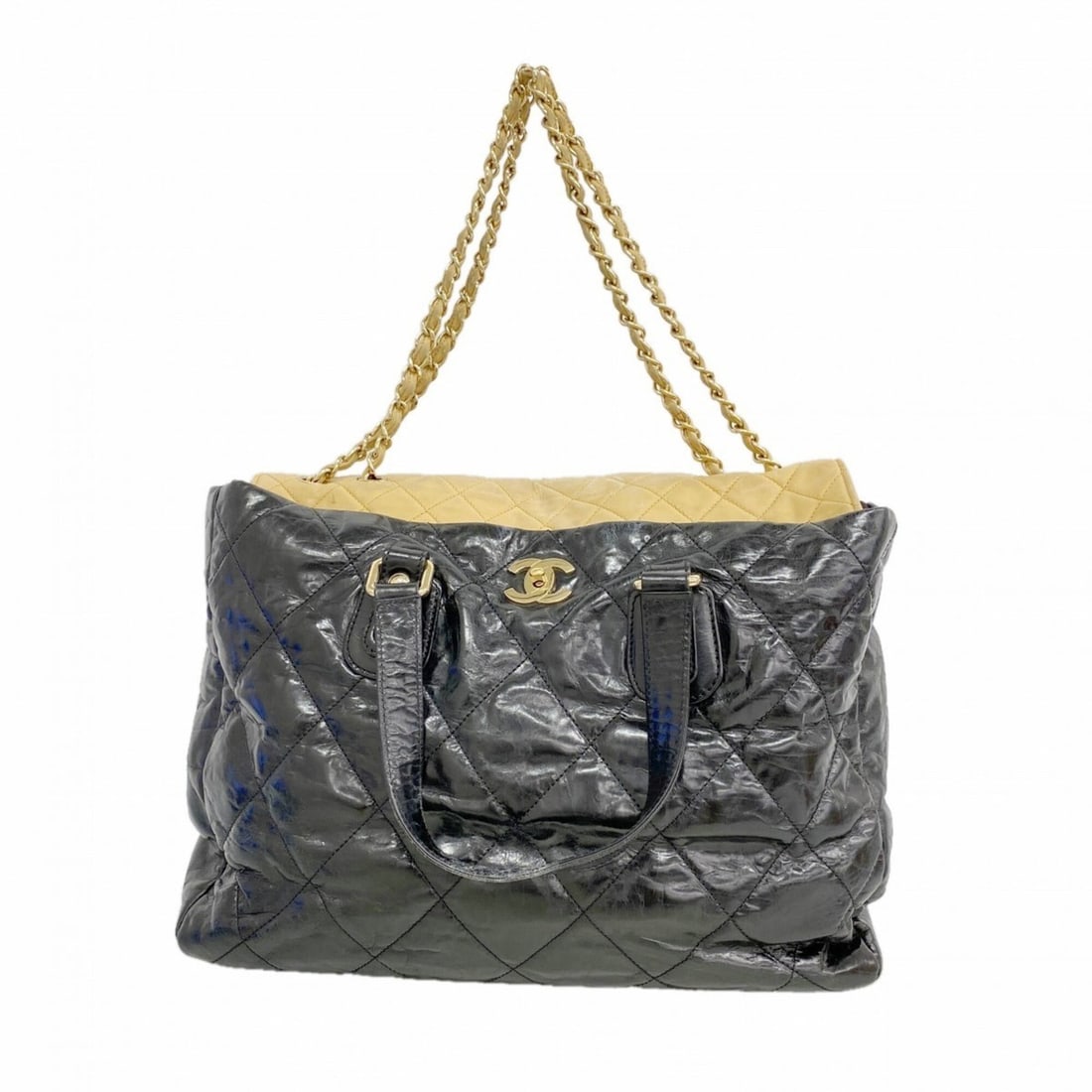 Chanel Tote Bag with Chain Shoulder Strap, Calfskin, Black/Beige, 2-Way for Women: --- Catalog ---Category: SizeSize (HxWxD): 31cm x 41cm x 10cm / 12.2'' x 16.14'' x 3.93''Category: DesignType: Tote bagColor: Beige, BlackGender: WomenMaterial: Leather Hardware Color: GoldLeather/Fur