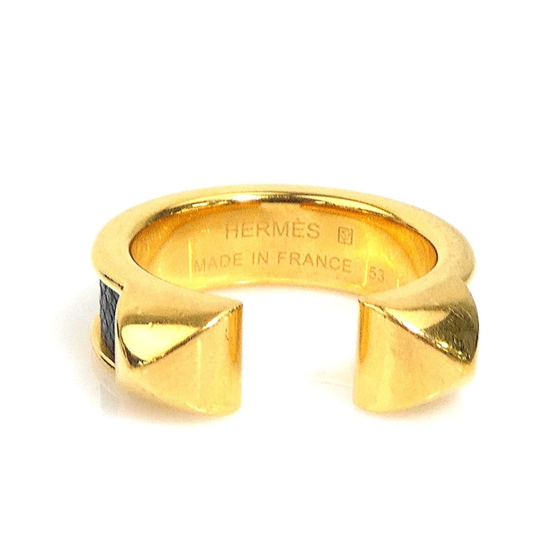 Hermes HERMES Ring Athena Double Clou Metal Leather Gold Black Women's 1 e62017i: --- Catalog ---Category: SizeJP Size: 13US Size: 6.5Category: DesignType: Band ringColor: Black, GoldGender: WomenMaterial: Leather, MetalCategory: GeneralBrand: HermesCountry of Origin: France--- Ite