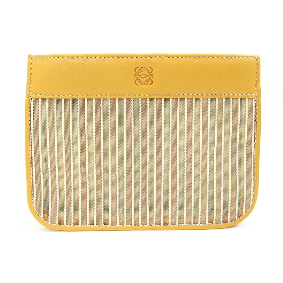 Loewe handbag pouch, Anagram design, 198.77.001, yellow leather mini women's.: --- Catalog ---Category: SizeSize (HxWxD): 12cm x 16cm / 4.72'' x 6.29''Category: DesignType: PouchColor: YellowGender: WomenMaterial: Leather Category: GeneralBrand: Loewe--- Item List ---Section: Co