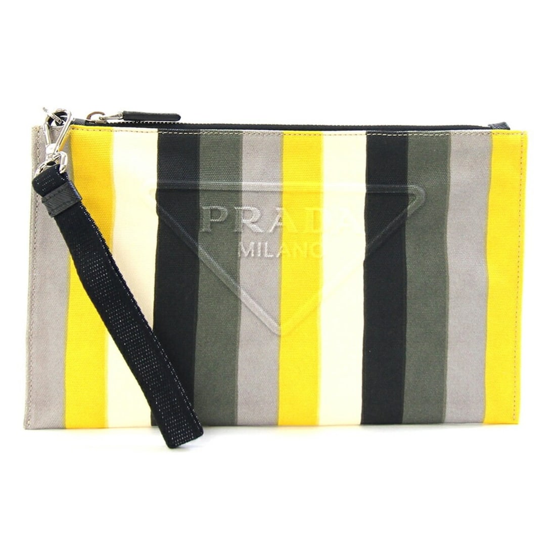 Prada Clutch Bag 2NH005 Multicolor Canvas Leather Handbag Pouch with Hand Strap Stripe Men's Women's: --- Catalog ---Category: SizeSize (HxWxD): 17.5cm x 28.5cm / 6.88'' x 11.22''Category: DesignType: Clutch bagColor: Multi-colorGender: Men,WomenMaterial: Canvas , Leather Category: GeneralBrand: Prada