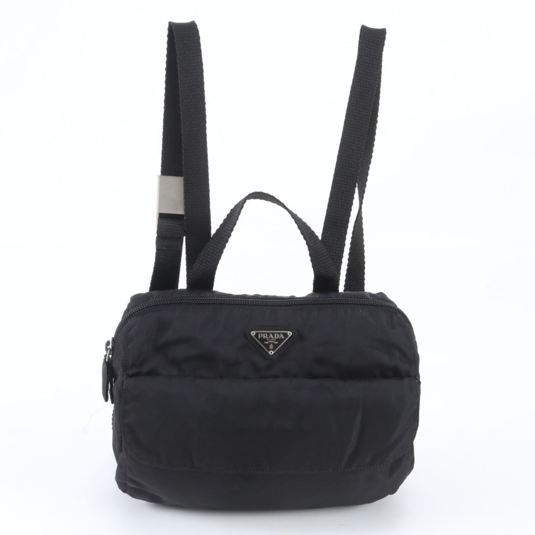 Prada Tessuto Nylon Triangle Logo Backpack/Handbag, Black, Women's: --- Catalog ---Category: SizeSize (HxWxD): 17cm x 21cm x 5cm / 6.69'' x 8.26'' x 1.96''Category: DesignType: Backpack, HandbagColor: BlackGender: WomenMaterial: Nylon Category: GeneralBrand: PradaCoun