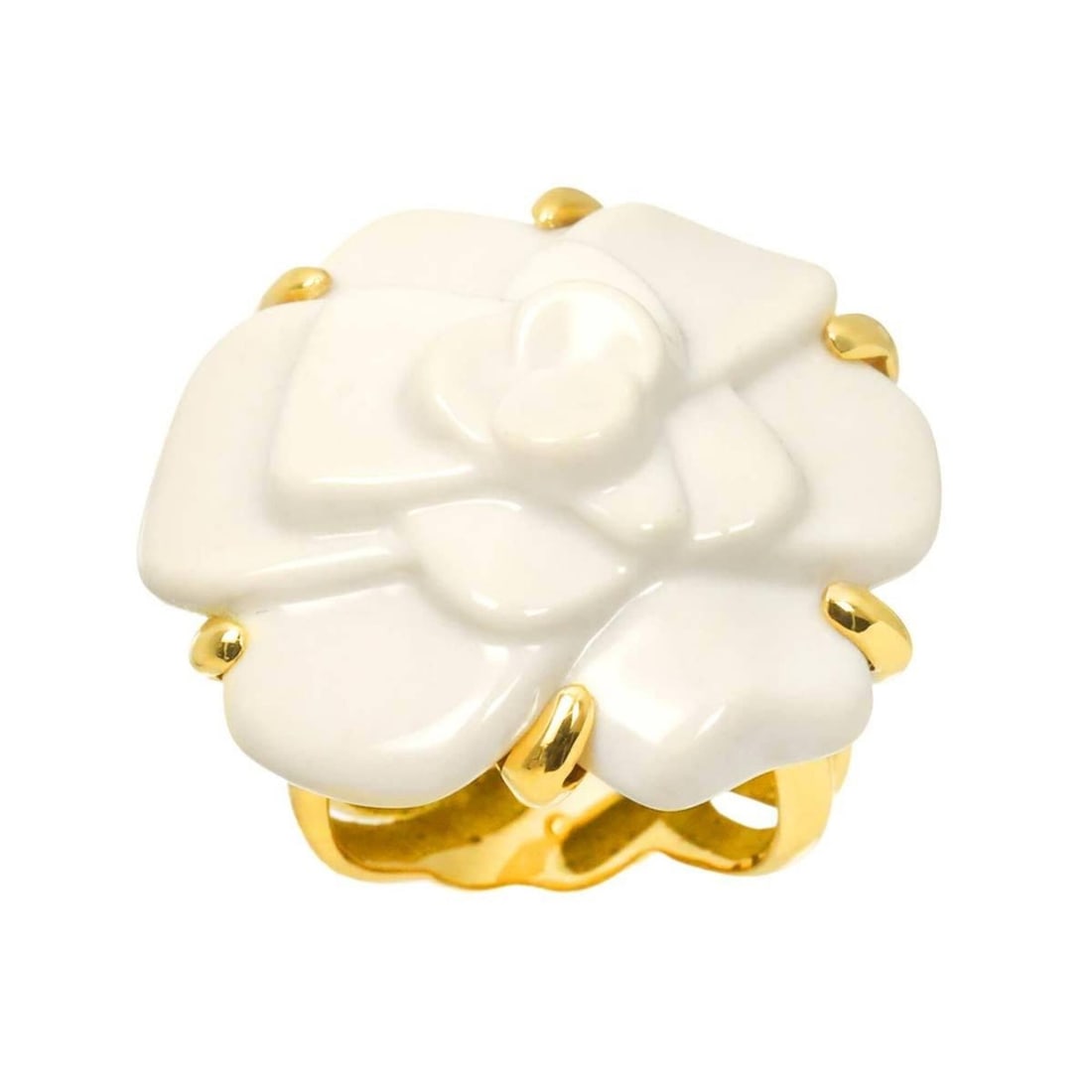 Chanel Camellia Ring Cacholong 18K YG Yellow Gold 750: --- Catalog ---Category: SizeJP Size: 9.5US Size: 5Category: DesignType: Band ringGender: WomenMaterial: Yellow gold (18K)Category: GeneralBrand: Chanel--- Item List ---Section: ConditionRanking: Rank