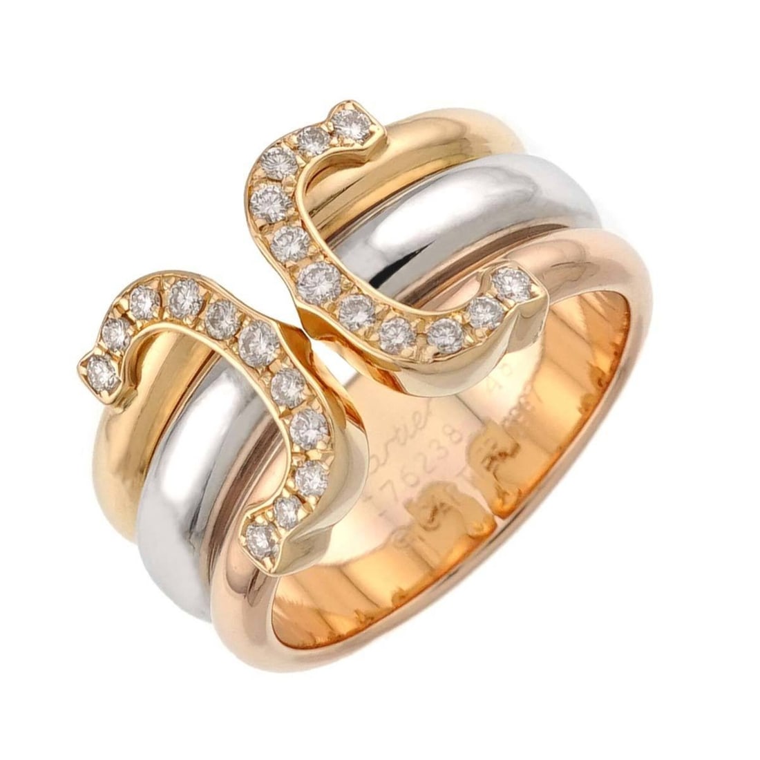 Cartier 2C #48 Diamond Ring, 18K Yellow Gold, White Pink Three-Color Three-Gold 750 C2 Ring: --- Catalog ---Category: SizeUS Size: 4.5Brand Size: 48Category: DesignType: Band ringGender: WomenMaterial: Pink gold (18K), White gold (18K), Yellow gold (18K)Category: GeneralBrand: Cartier--- Item